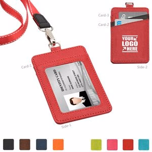 Lanyard Dual Colored 3 Pockets PU Leather Card Holder