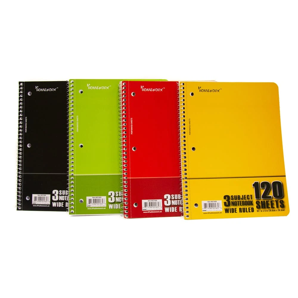 3 Subject Wide Ruled Spiral Notebook - 120 sheets 8 Colors 1