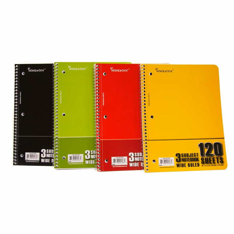 3 Subject Wide Ruled Spiral Notebook - 120 sheets 8 Colors
