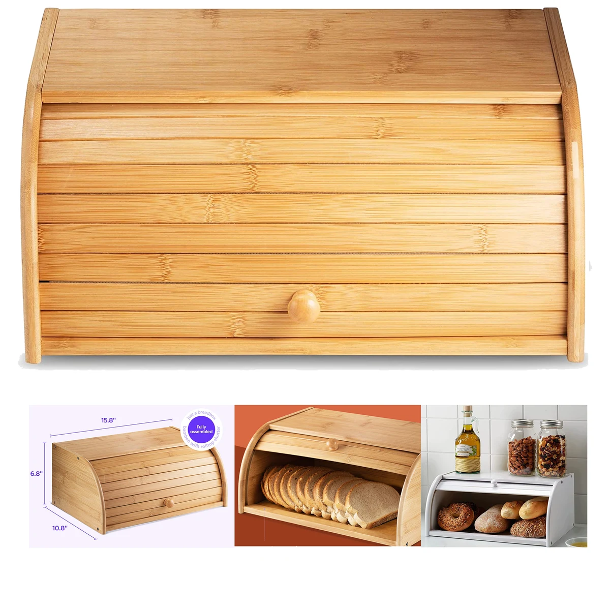 Large Natural Bamboo Roll Top Wood Bread Box 1