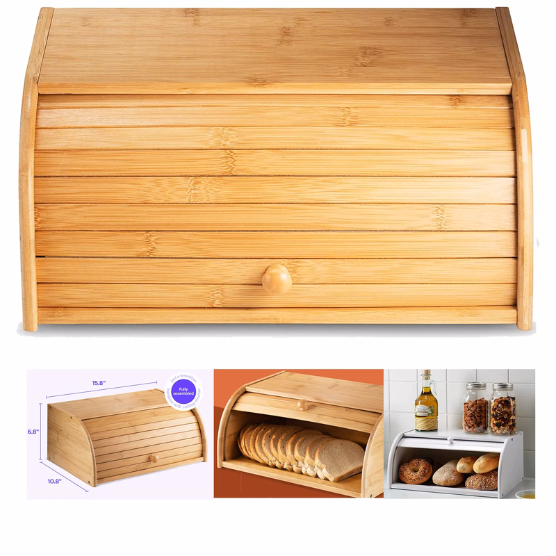 Large Natural Bamboo Roll Top Wood Bread Box
