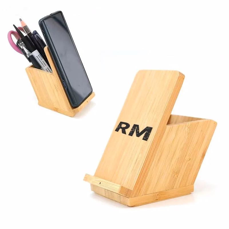 Wooden Wireless Charging Phone Stand With Pen Holder