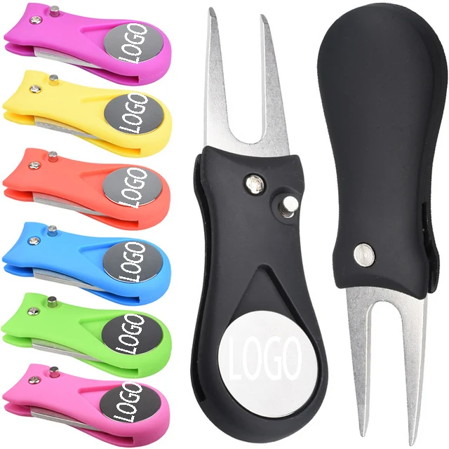 Metal Foldable Golf Divot Tool w/ Pop-up Button And Magnetic Ball Marker 1