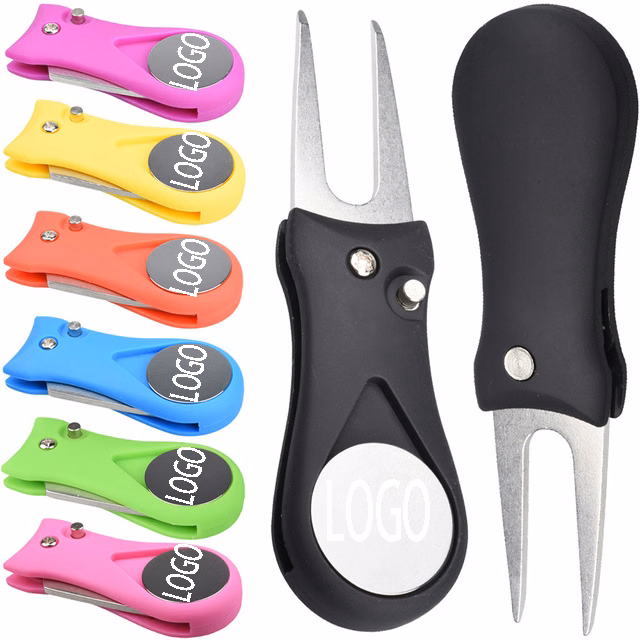 Metal Foldable Golf Divot Tool w/ Pop-up Button And Magnetic Ball Marker