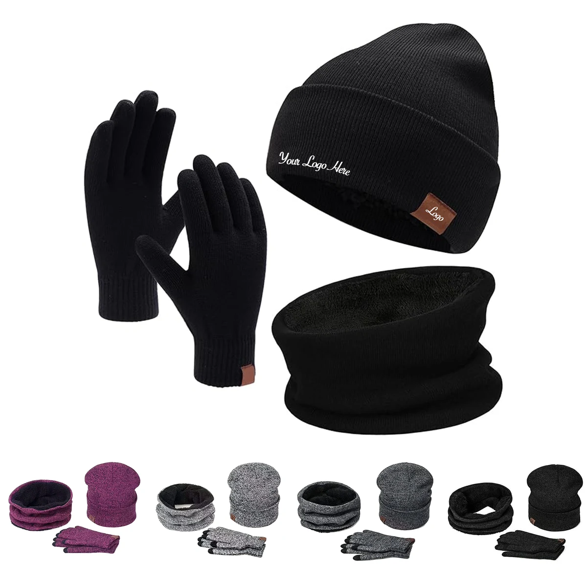 Winter Beanie Hat Scarf Touchscreen Gloves Set 1