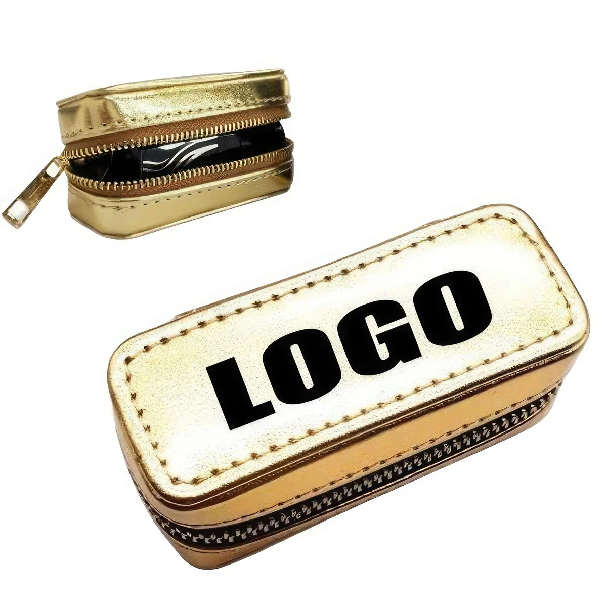 Zippered Gold PU Leather Lipstick Gift Case Pouch Bag 1