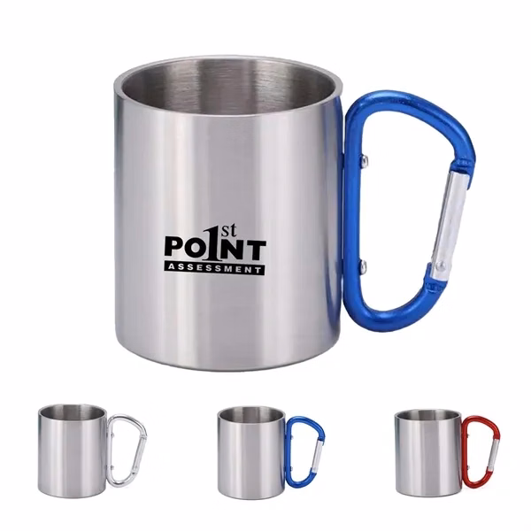 Custom 10 oz Stainless Steel Mug with Carabiner Handle — Adventure Ready Coffee Promotion