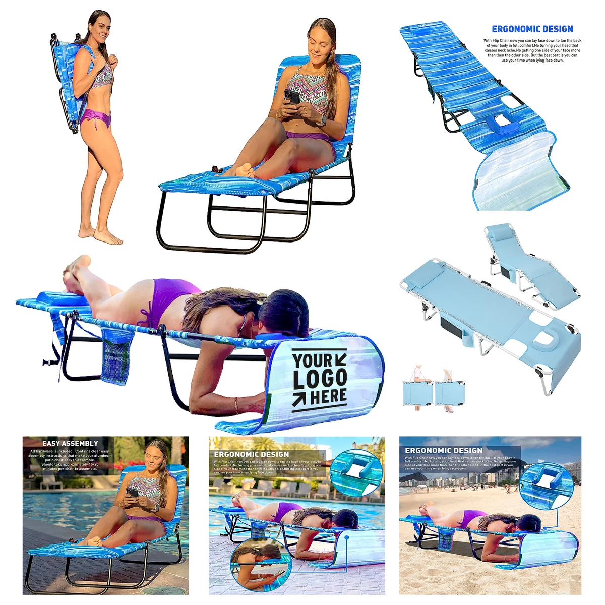 2 Legs Support Polyester Material Face Arm Hole Face Down Beach Tanning Chaise Lounge Chair 1