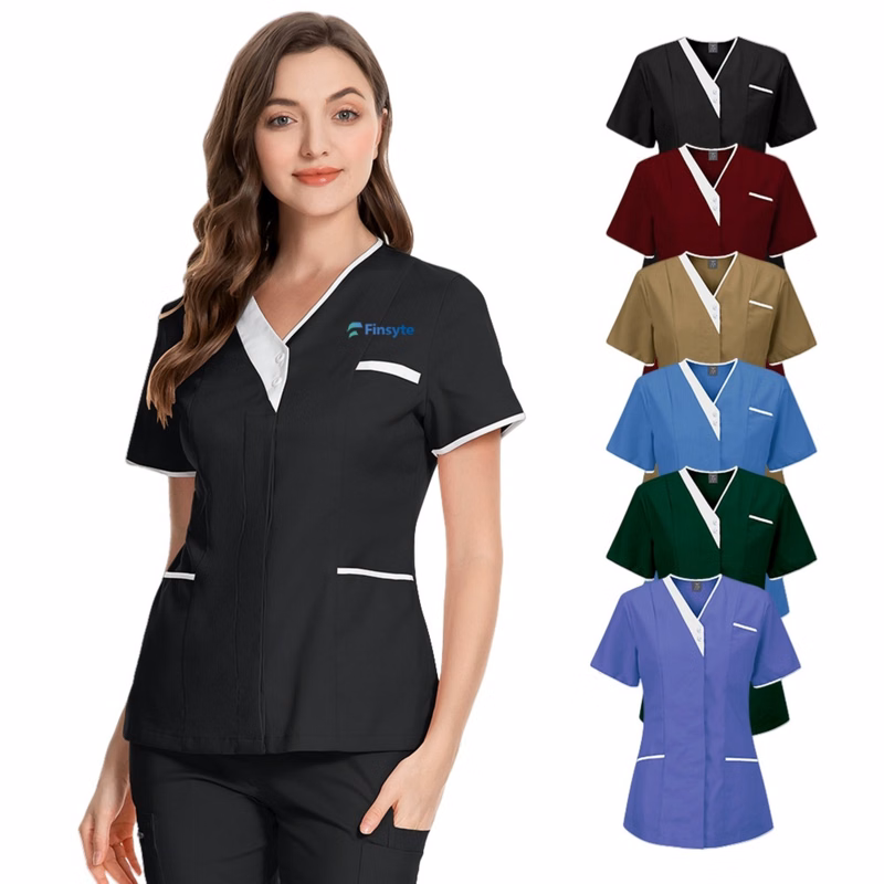 Solid Women V Neck Working Uniform With Pockets