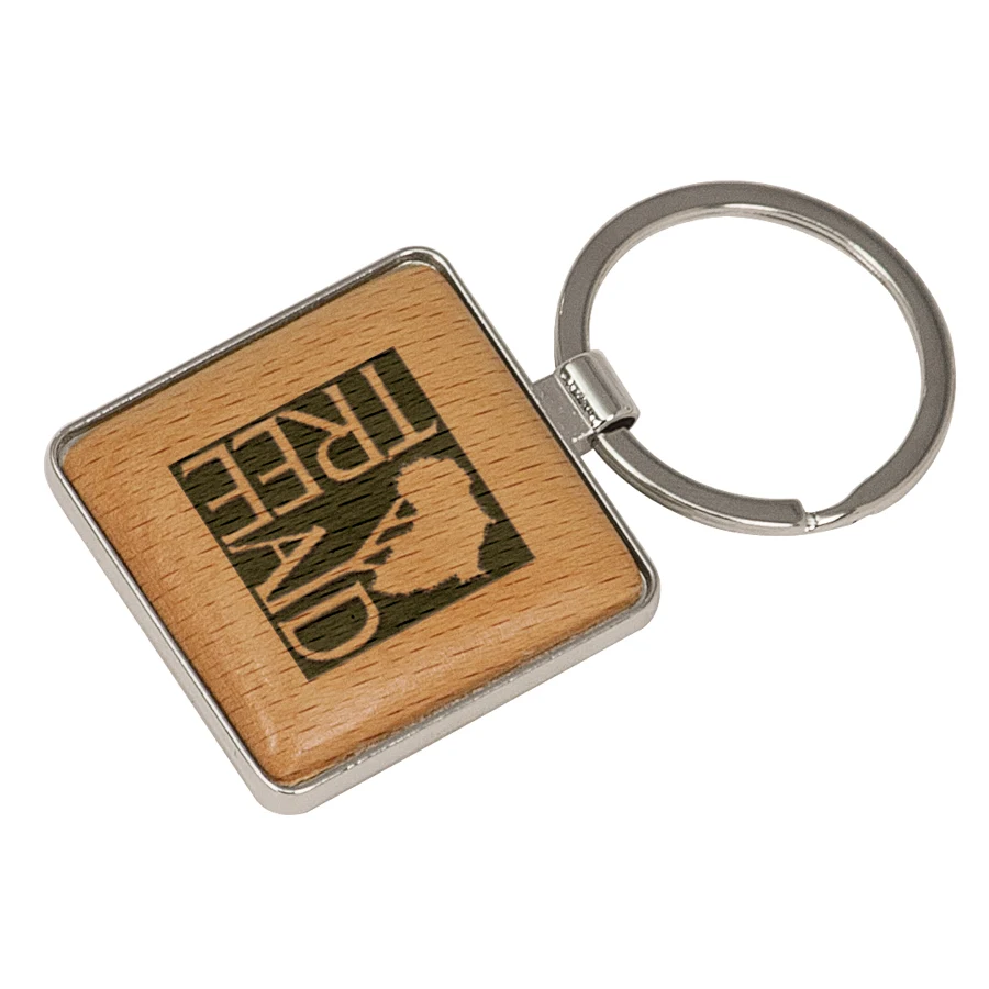 1 9/16" x 1 9/16" Silver/Wood Square Keychain 1