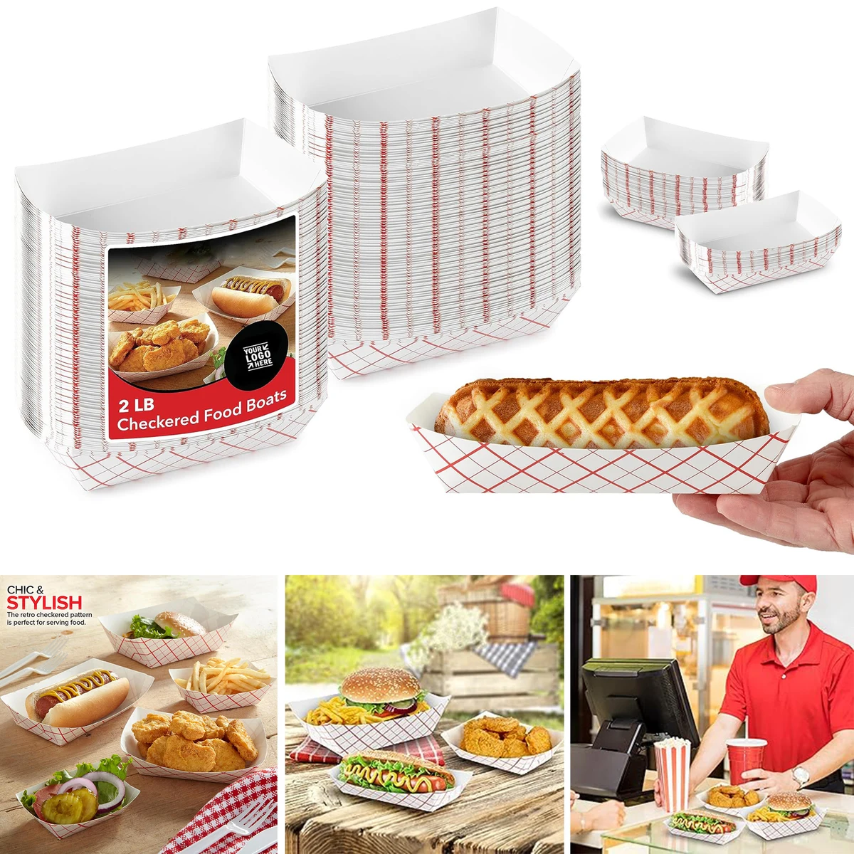 4.5" x 2.75" Medium Eco Friendly Paper Food Boats 2 Lb Disposable Checkered Tray 1
