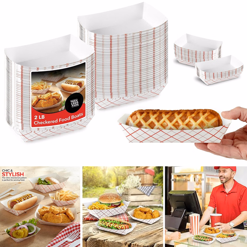 4.5" x 2.75" Medium Eco Friendly Paper Food Boats 2 Lb Disposable Checkered Tray