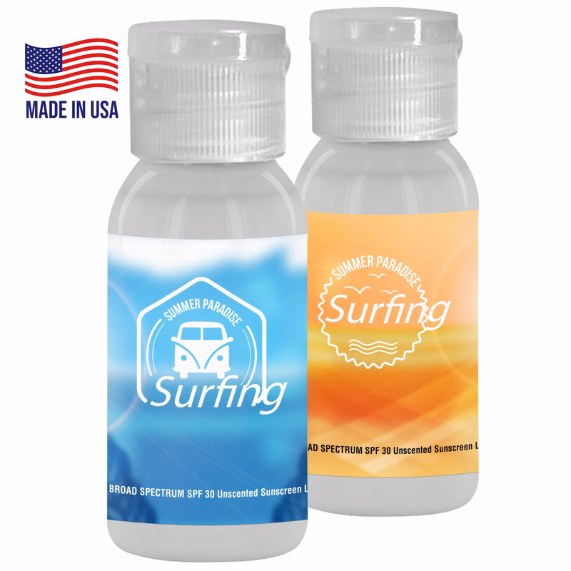1oz. Sunscreen in a transparent round bottle.