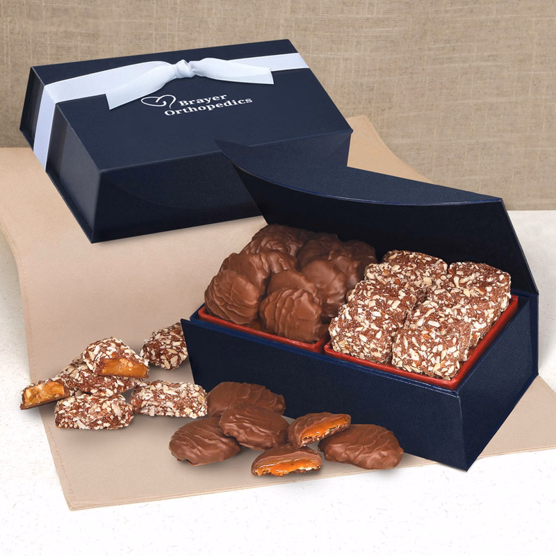 English Butter Toffee & Caramel Pecan Clusters in Navy Magnetic Closure Box