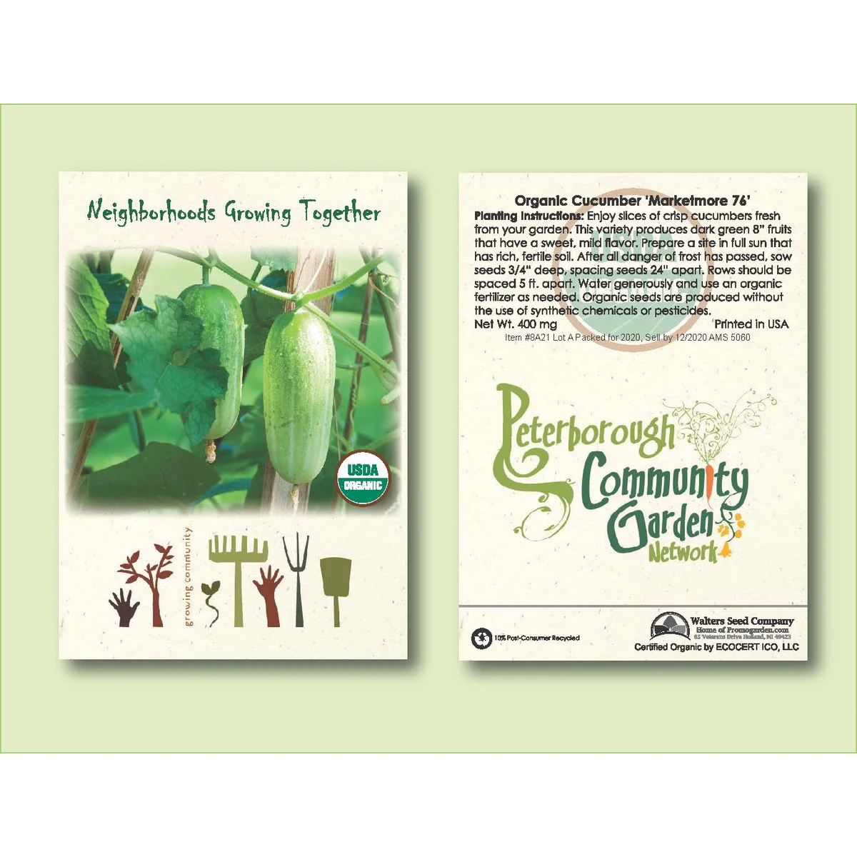 Organic Cucumber 'Marketmore 76' Seed Packets - Standard Size 3.25" x 4.5" 1