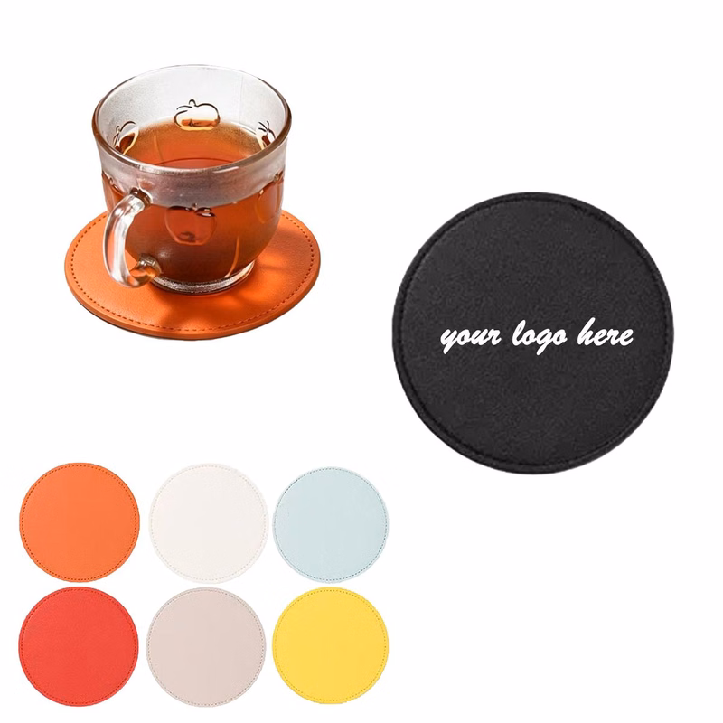 Round Stitched PU Leather Coaster Support Multi Color Custom