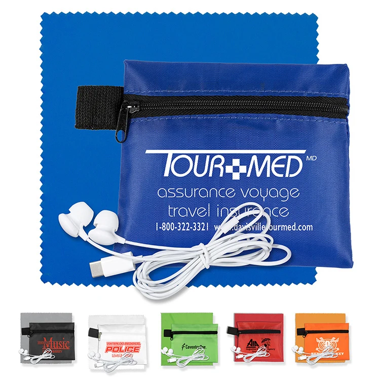 Mobile Tech Earbud Kit with Microfiber Cleaning Cloth In Zipper Pouch 1