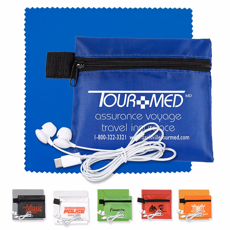 Mobile Tech Earbud Kit with Microfiber Cleaning Cloth In Zipper Pouch