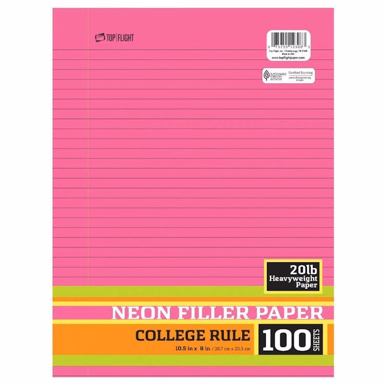 College Rule Filler Paper Neon 10.5" x 8" 100 Sheets