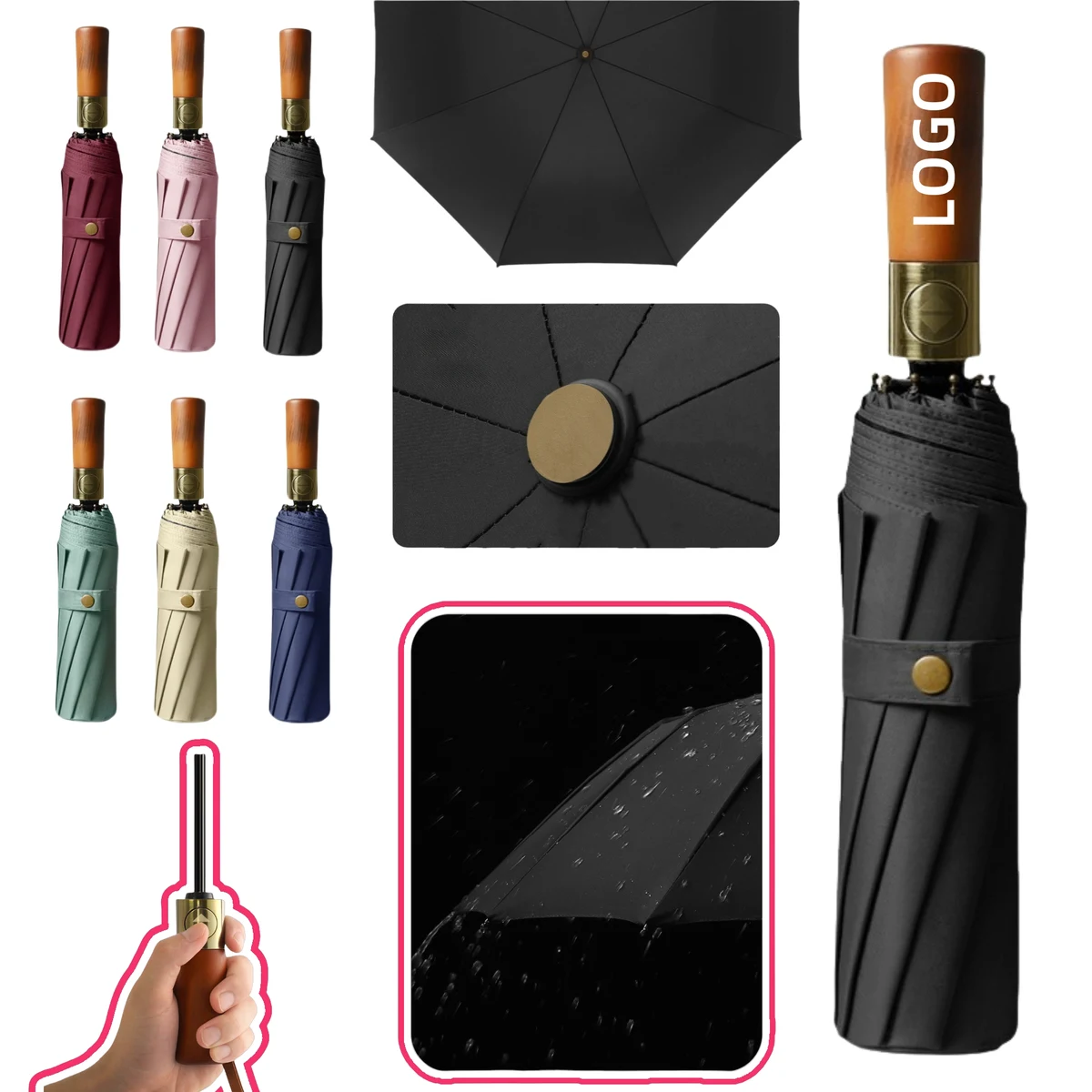 Custom Automatic Wooden Handle Umbrella 1