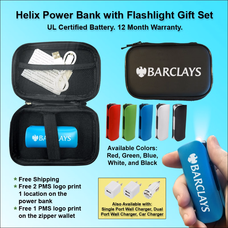Helix Power Bank with Flashlight Zipper Wallet Gift Set 1800 mAh