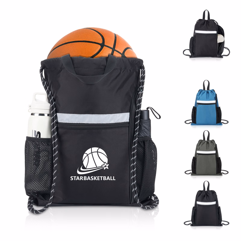Water-Resistant Nylon Drawstring Gym Backpack With Shoe Compartment