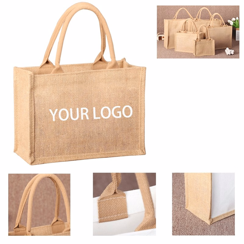 Reusable Burlap Tote Bags Jute with Handles and Button