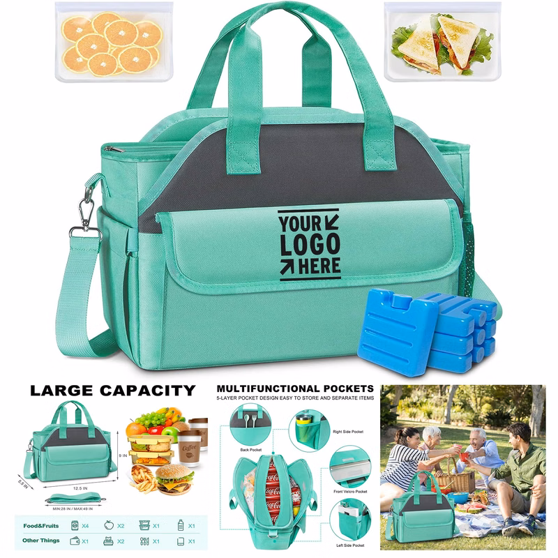 Women Adult Leakproof Removable Shoulder Strap Insulated Multi-Pocket Cooler Tote Lunch Bag
