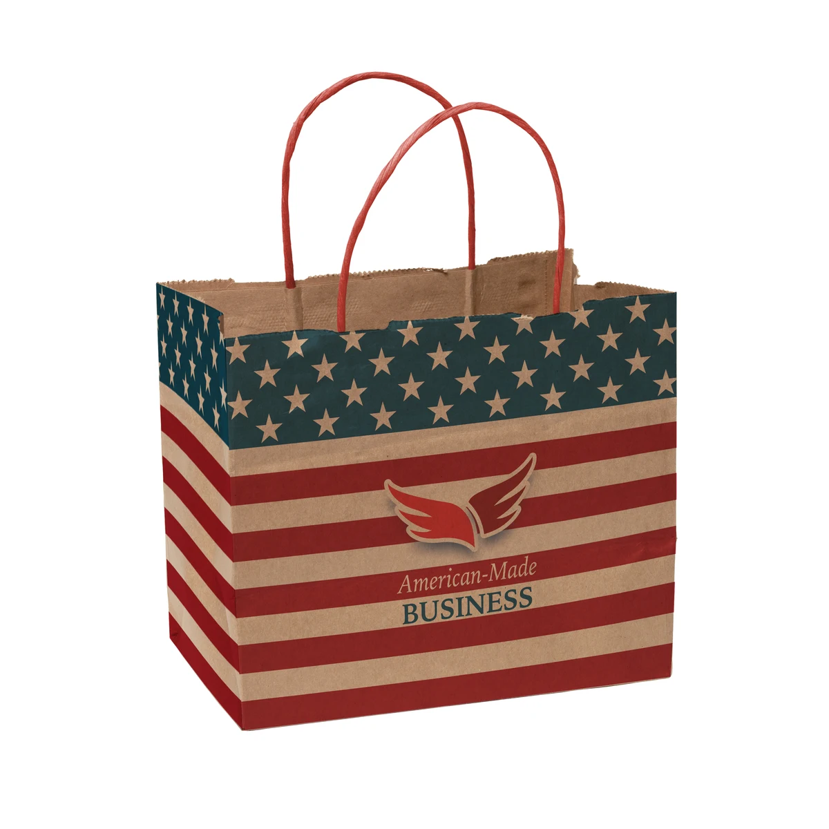 Multi-Sided Full Color Natural Shopper Paper Bag - Red Handle (8.5"x 7.25"x 5") 1
