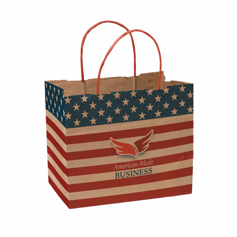 Multi-Sided Full Color Natural Shopper Paper Bag - Red Handle (8.5"x 7.25"x 5")