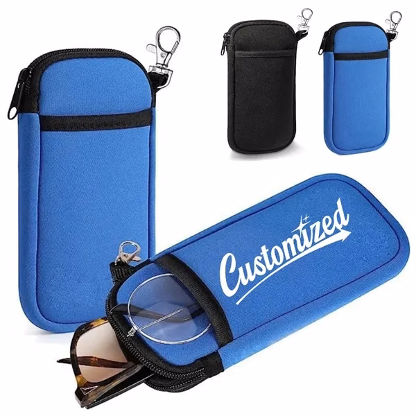 Custom Neoprene Zipper Protective Pouch with Carabiner Clip — Eyewear & Tech Promo