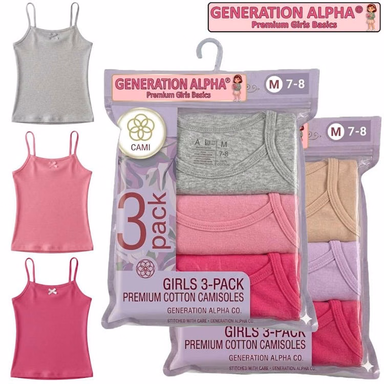 Girls' Cotton Camisoles - Size S-XL 3 Pack