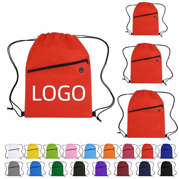 Small Drawstring Sports Bag W/ Front Zipper Pocket & Earphone Slot
