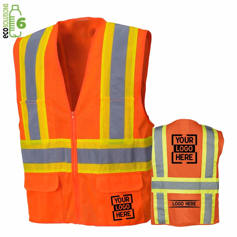 Recycled Class 2 Reflective Safety Zipper Vest with 4 Pockets