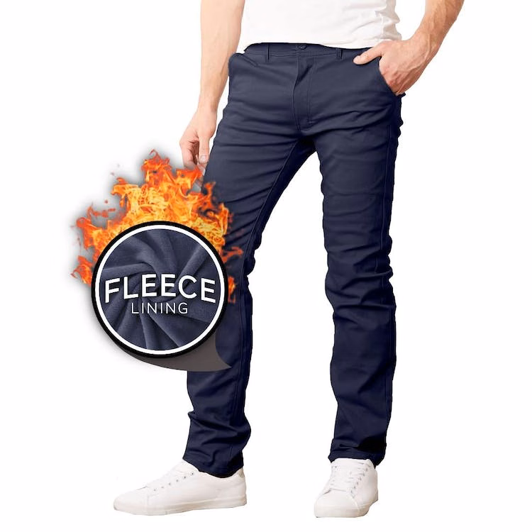 Fleece-Lined Stretch Chino Pants - Navy Size 30-40 31" Inseam
