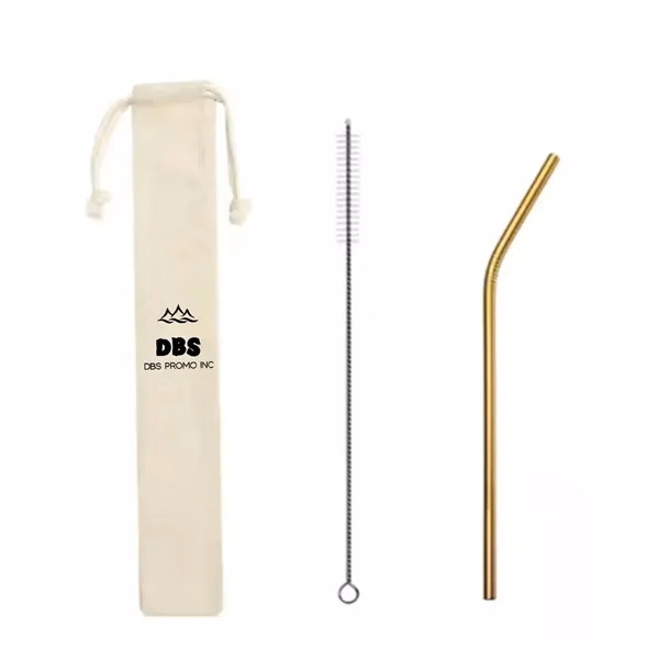 Portable Set of Metal Straws with Pouch