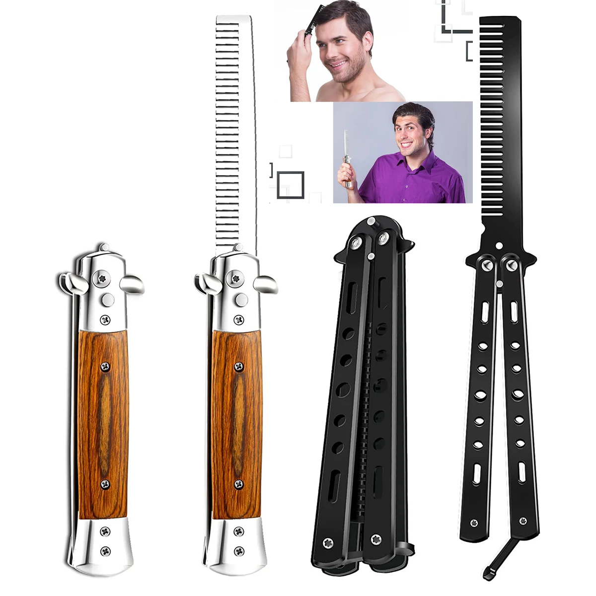 2 Pieces Wood Grain Switchblade Blade Comb Pocket Hair Brush 1
