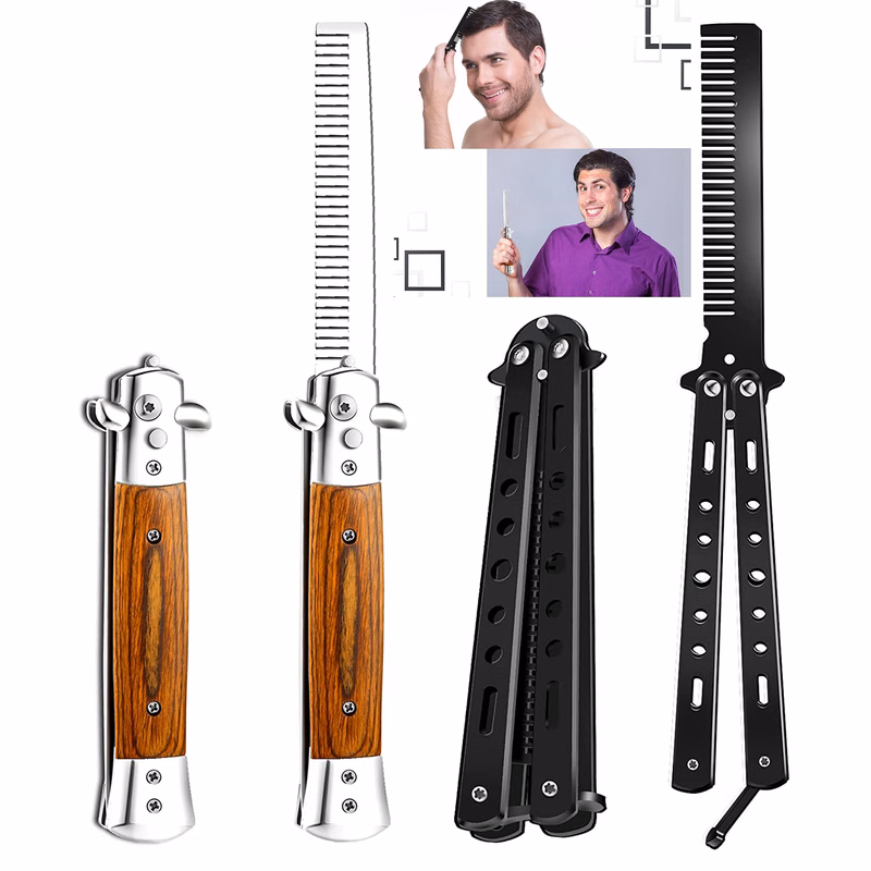 2 Pieces Wood Grain Switchblade Blade Comb Pocket Hair Brush