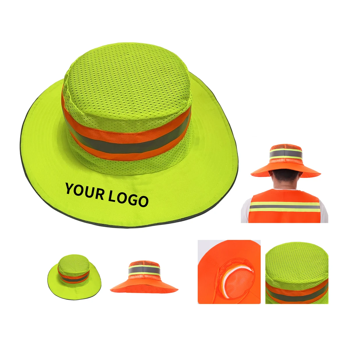 Polyester Mesh Safety Sun Hat with Reflective Trim and Neck Flap 1