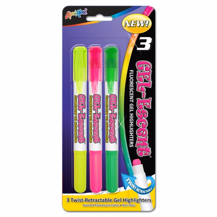 3 Pack Fluorescent Gel Highlighters, Broad Tip - Assorted Colors