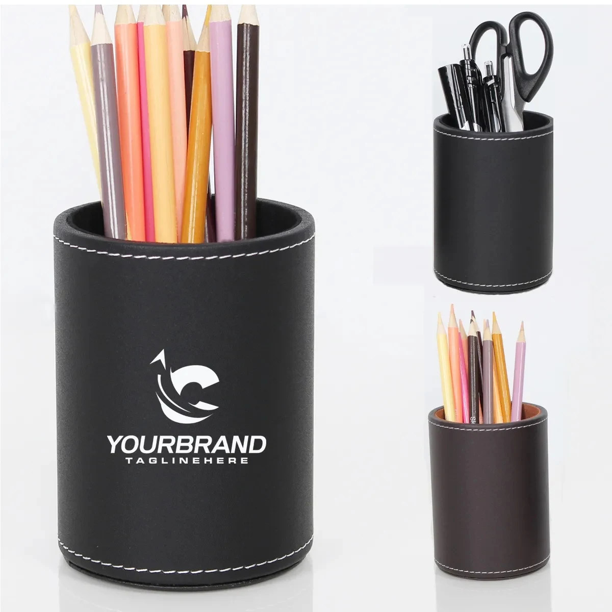 Circular Leather Pen Holder Desktop Stationery Storage Box 1