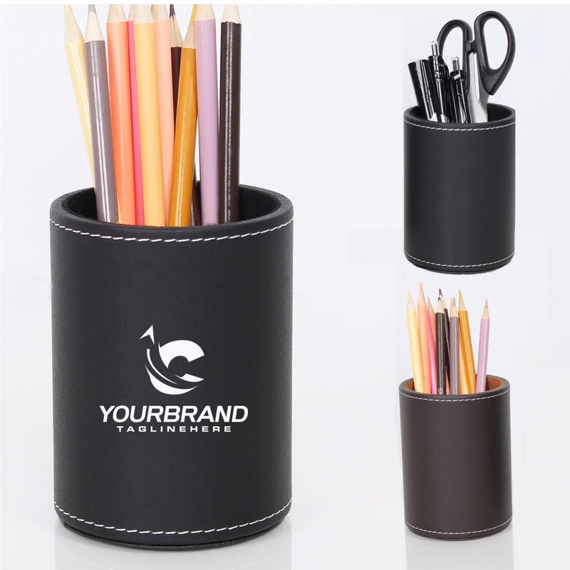 Circular Leather Pen Holder Desktop Stationery Storage Box