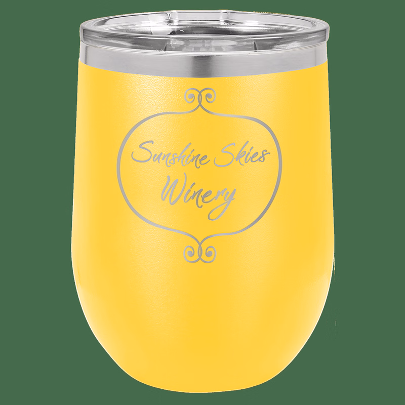 12 oz. Yellow Laser Engraved Polar Camel Stemless Wine Tumbler w/Clear Lid