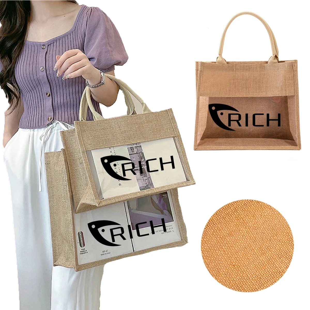 Jute Tote Bag With Transparent Window, custom tote bag with logo imprint 1