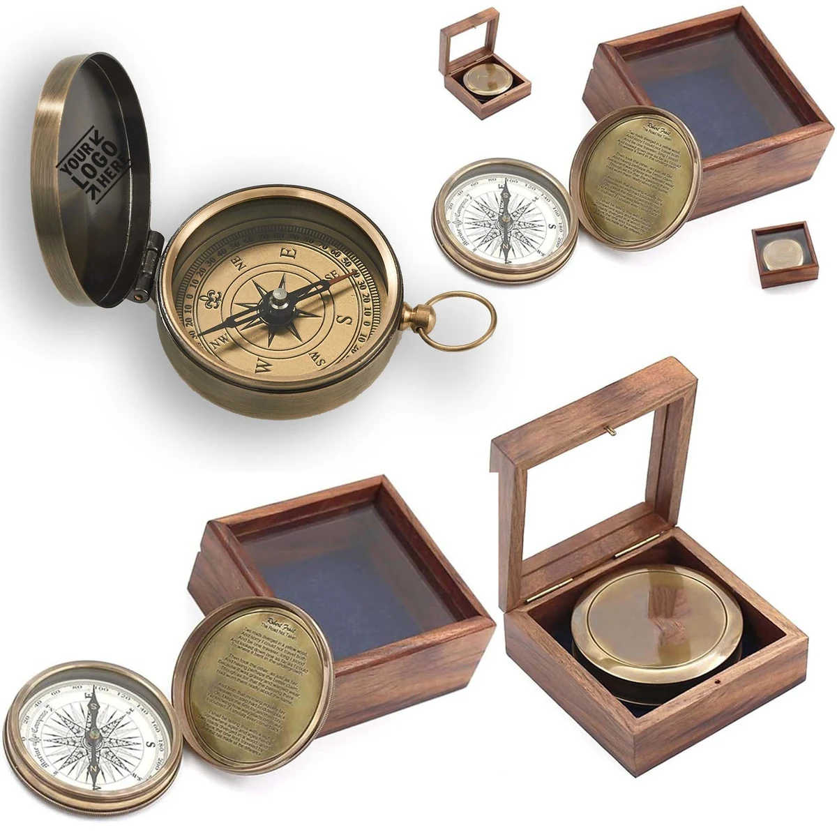 Handmade Nautical Brass Push Open Pocket Compass On Chain With Leather Case 1