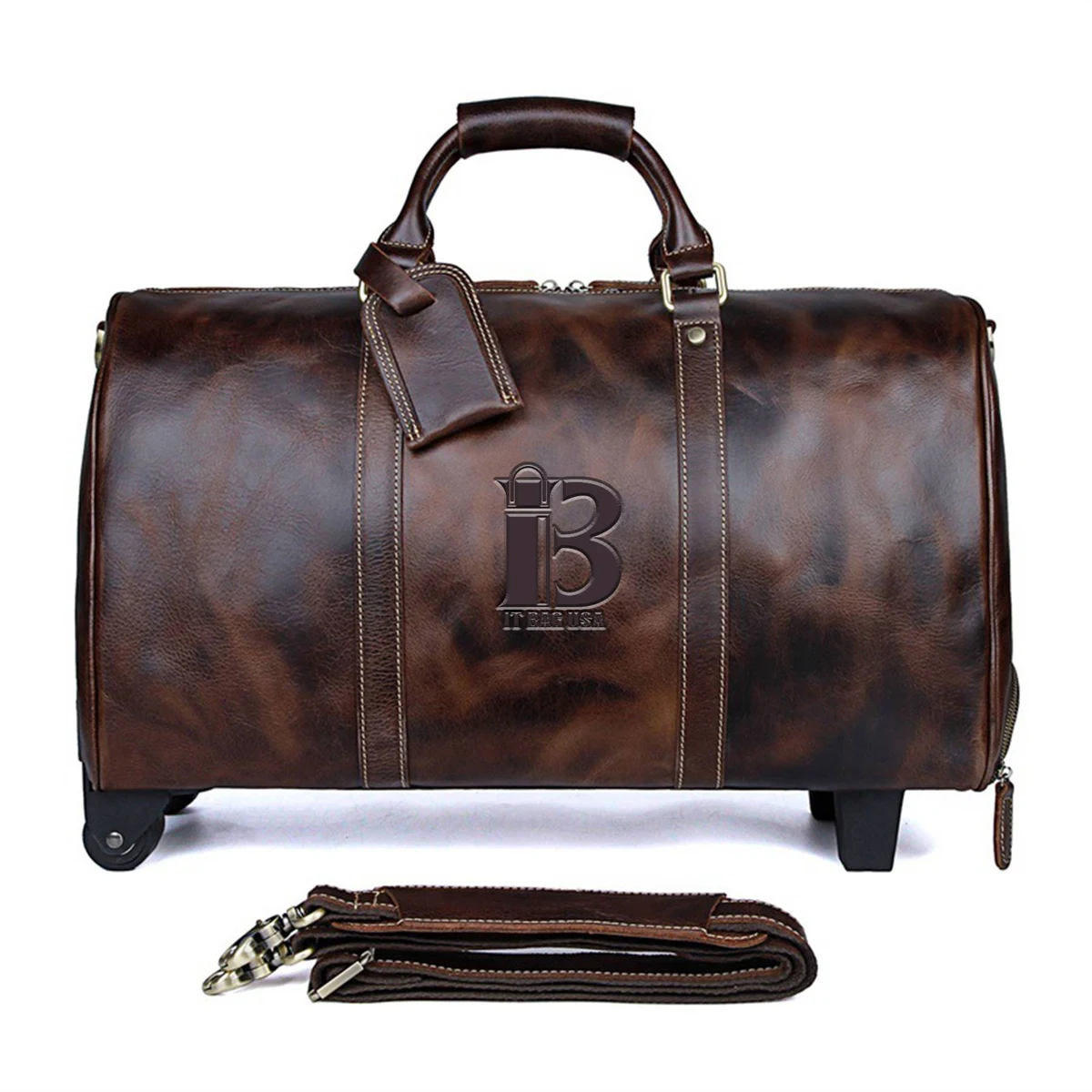 Large Leather Travel Duffel Bag with 2-rolling Spinner Wheel 1