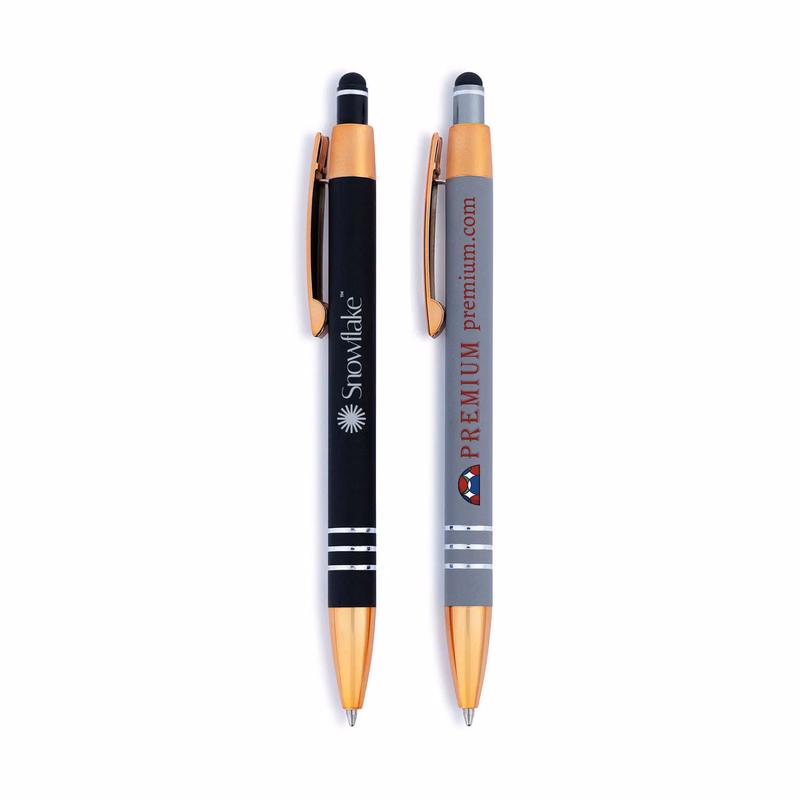Penny Stylus Satin Soft Touch Click Metal Pen - Copper Accents (CLOSEOUT)