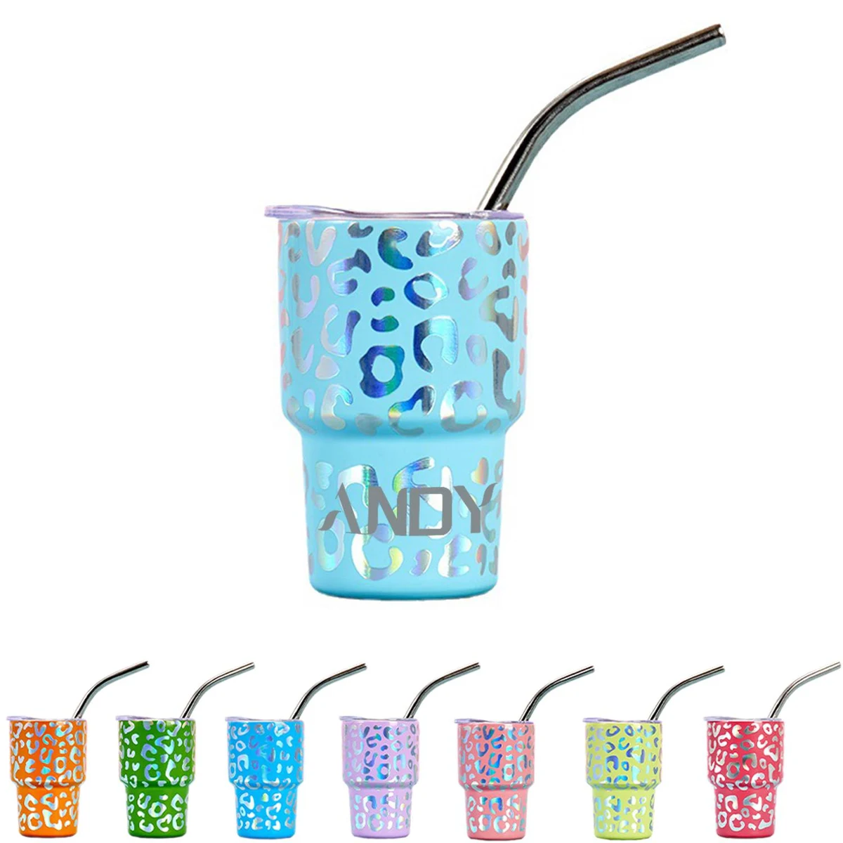 2 OZ Mini Leopard Print With Straw Stainless Steel Party Cup 1