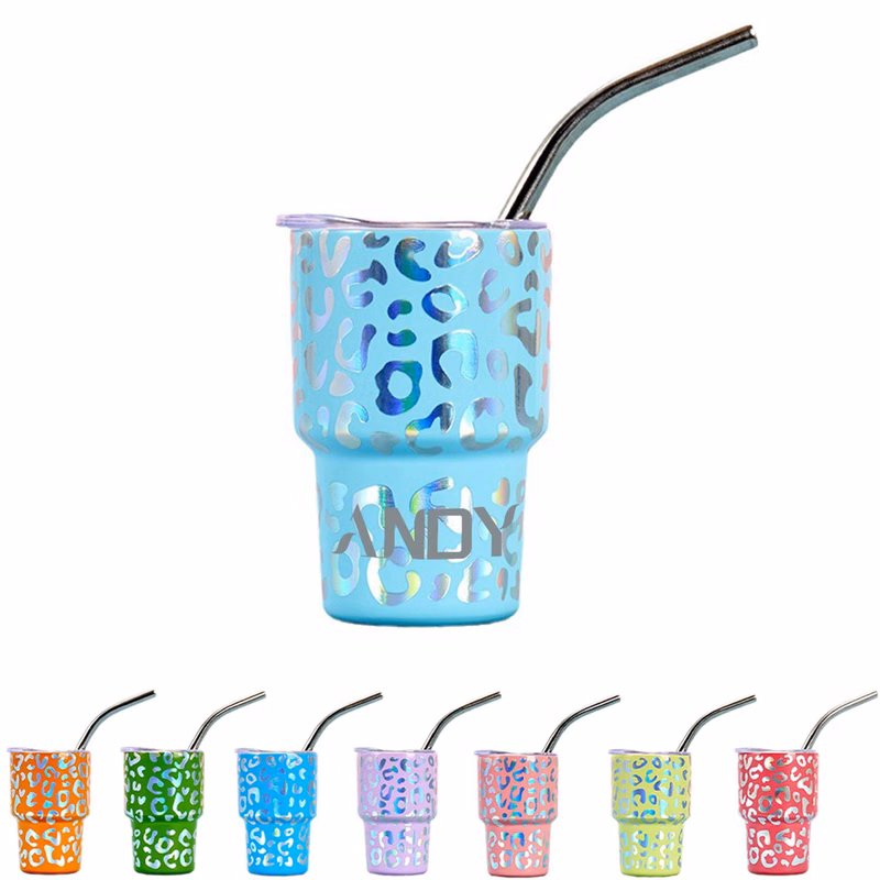 2 OZ Mini Leopard Print With Straw Stainless Steel Party Cup