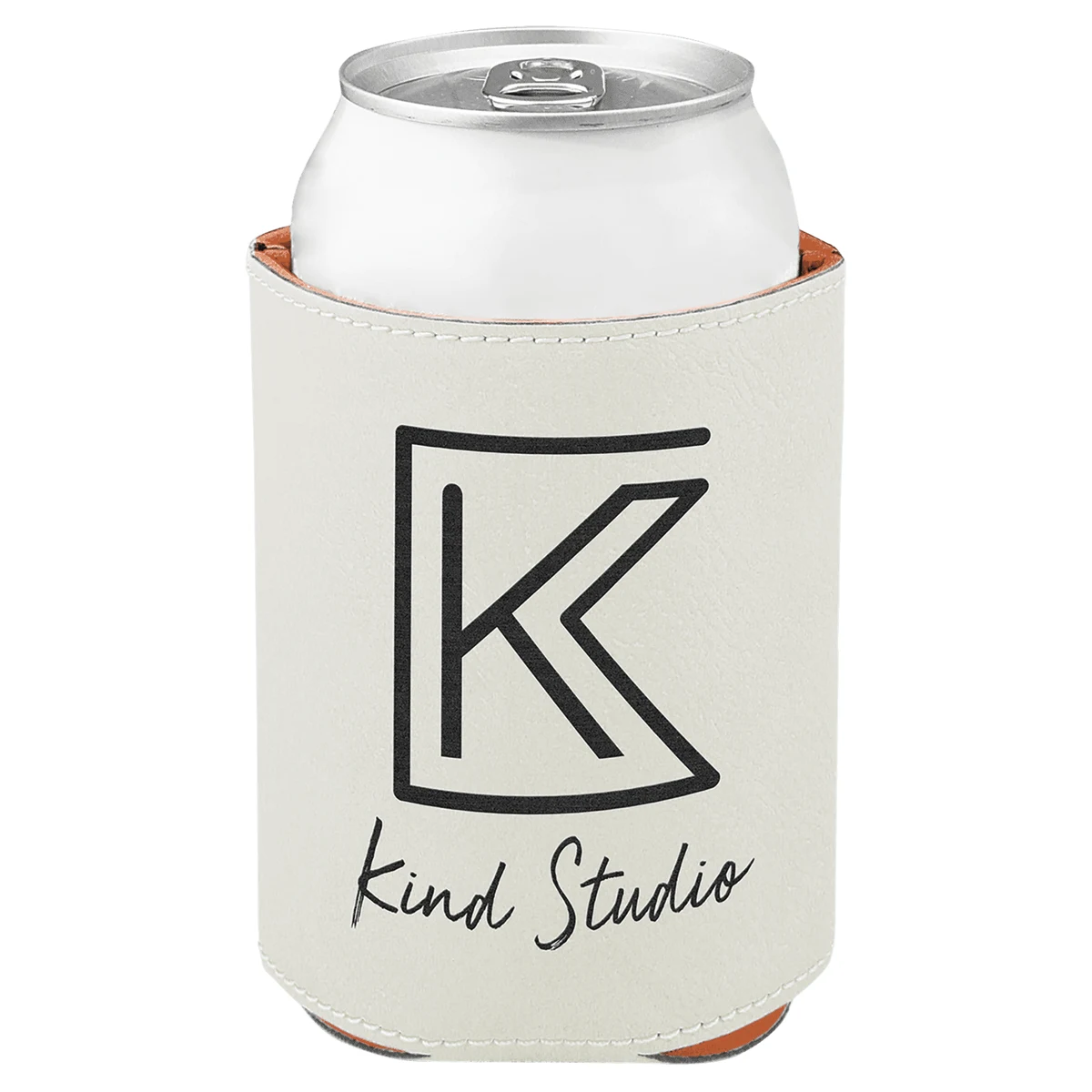 3 3/4" White Leatherette Beverage Holder, custom koozie with logo imprint 1